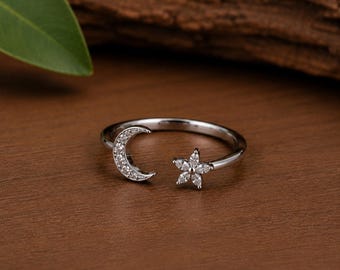 Anillo Luna Estrella / Anillo Celestial Abierto / Anillo de Luna Creciente / Anillo Ajustable de Plata de Ley / Regalo de Joyería Minimalista de Galaxia