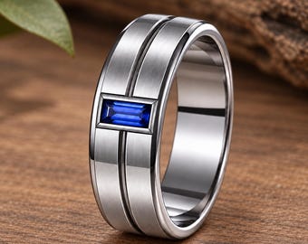 Anillo de hombre con gema azul / Alianza de boda moderna / Anillo estilo zafiro azul / Anillo minimalista para hombre / Anillo clásico en tono plateado