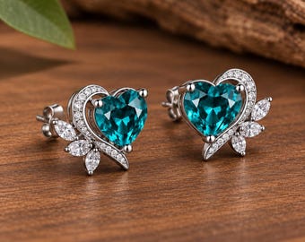 Emerald Heart Earrings | Sterling Silver Heart Studs | Turquoise Blue Gemstone Earrings | Floral Leaf Jewelry | Gift for Her