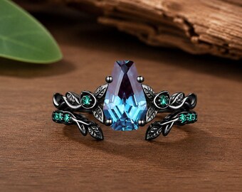 Anillo gótico de alejandrita / Anillo de compromiso de estilo brujo / Joyería de romance oscuro / Conjunto de anillos de rosa negra / Anillo de novia de fantasía