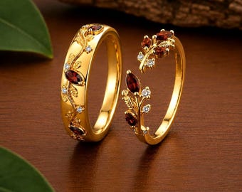 Conjunto de anillos para él y para ella / Conjunto de anillos de granate rojo / Alianzas de boda de oro rosa / Conjunto de anillos con forma de hoja / Anillos de boda a juego / Regalo para parejas