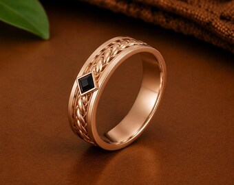 Anillo de boda para hombre con ónix negro / Anillo de oro trenzado / Anillo cuadrado con gema negra / Anillo de regalo de aniversario de plata de ley 925