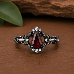 Gothic Ruby Ring | Coffin Cut Gemstone Ring | Black Gold Statement Ring | Dark Fantasy Jewelry