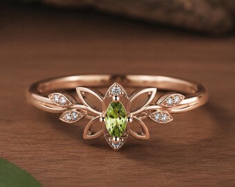Anillo de peridoto en forma de V / Anillo con hoja botánica / Alianza de boda de oro rosa / Joyería inspirada en la naturaleza / Anillo de piedra verde / Regalo inspirado en el bosque