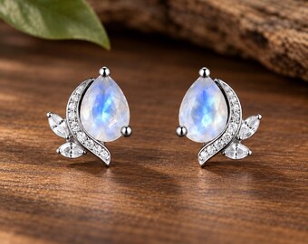 Pendientes de piedra lunar en forma de lágrima / Pendientes de hoja de plata de ley 925 / Pendientes de piedras preciosas naturales / Joyería botánica delicada / Regalo para ella
