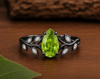 Anillo de hoja de peridoto / Joyería inspirada en la naturaleza / Anillo de piedra preciosa verde / Anillo de bosque / Anillo de compromiso de plata / Regalo para ella