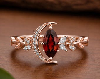 Anillo de granate celestial / Anillo de luna de oro rosa / Anillo de compromiso marquesa / Anillo nupcial inspirado en la naturaleza / Regalo de aniversario para mujer