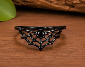 Anillo de telaraña negra / Anillo de ónix gótico / Anillo de Halloween / Anillo de plata de ley negra / Regalo de joyería de telaraña ajustable