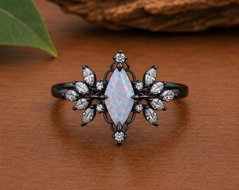 Anillo de compromiso de ópalo blanco / Anillo de ópalo talla marquesa / Anillo de boda de fantasía / Anillo élfico gótico / Regalo para ella