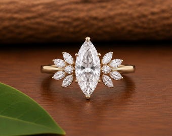 Anillo de compromiso de moissanita talla marquesa / Anillo con hoja de oro / Anillo de promesa de inspiración vintage / Joyería nupcial inspirada en la naturaleza / Regalo para ella
