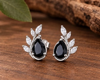 Pendientes de piedras preciosas negras / Pendientes de piedra negra talla pera / Pendientes de hoja de plata / Pendientes botánicos en forma de lágrima / Joyería gótica llamativa