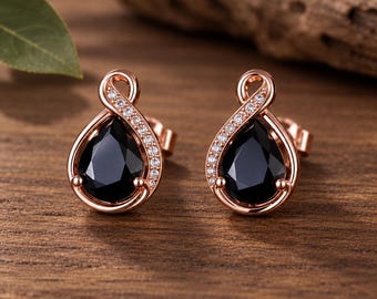 Pendientes de piedras preciosas negras / Pendientes de ónix negro / Pendientes en forma de pera / Pendientes de oro rosa / Joyería con pavé de cristal / Pendientes llamativos