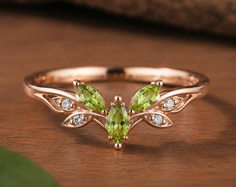 Anillo de peridoto natural / Anillo de hoja de oro rosa / Anillo de compromiso de peridoto marquesa / Anillo de promesa botánico / Regalo de aniversario para mujer