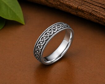 Anillo de boda con nudo celta / Anillo trenzado de oro / Alianza de boda vikinga / Anillo de promesa unisex / Regalo de plata de ley S925