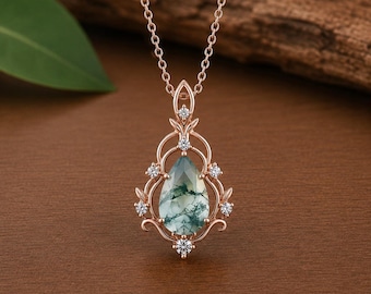 Collar con colgante de ágata musgosa / Collar con hoja de oro rosa / Joyería inspirada en el bosque / Regalo para ella