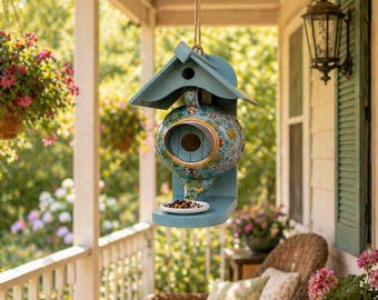 Floral Teapot Bird Feeder, Decorative Wall Mounted Birdhouse, Outdoor Garden Patio Balcony Decor