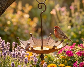 Metal Umbrella Bird Feeder and Bath, Rustic Garden Decor, Hanging Yard Ornament