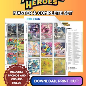 Könnte beinhalten: Eine digitale Sammlung von Mega Evolution Ascended Heroes Sammelkarten mit einem Master-Set, einem kompletten Set und einer Checkliste. Das Set enthält Promos und Cosmos-Holos mit farbenfrohen Charakterillustrationen, Text und einem Button.