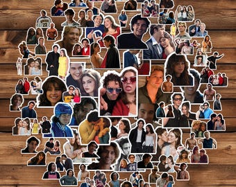 May include: A large circular collage of numerous individual stickers featuring various scenes, portraits, and candid moments of young adults, couples, and groups, showcasing diverse expressions, outfits, and settings in a variety of photographic styles.
