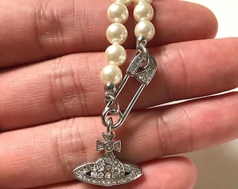 Saturn Pearl Necklace,Silver CZ Pin Pendant