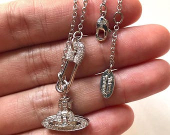 Collana Saturno, ciondolo a spilla in argento con zirconi cubici