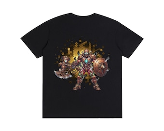 T-shirt con guerriero automa in ottone / Illustrazione di gladiatore biomeccanico steampunk (Serie Eroi)