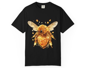 T-shirt con ape di cristallo, maglietta artistica con ambra cristallizzata, abbigliamento botanico ispirato alla natura.