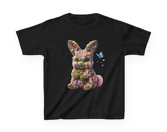 Maglietta con coniglietto floreale, maglietta con grafica botanica fantasiosa di coniglio, abbigliamento ispirato alla natura