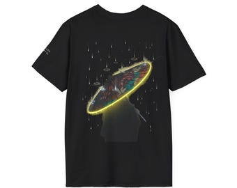 Maglietta Amamori Rain Guardian, maglietta con grafica giapponese Wagasa, abbigliamento cyberpunk, maglietta con grafica futuristica di un ombrello