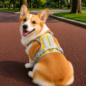 Puede incluir: Un corgi galés de Pembroke con un arnés para perro de color amarillo brillante con bordes grises y correas ajustables. El arnés presenta una banda reflectante con el nombre COCO y un número de teléfono impresos en blanco en el lateral.