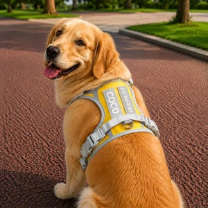 May include: A golden retriever wearing a bright yellow dog harness with reflective grey trim. The harness features a rectangular patch with the name COCO and a phone number 012-345-6789 printed in white text, along with adjustable plastic buckles.
