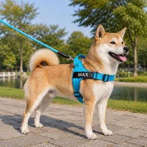 Könnte beinhalten: Ein Shiba Inu Hund trägt ein leuchtend blaues Hundegeschirr mit einem schwarzen rechteckigen Aufnäher, der den weißen Text MAX zeigt. Das Geschirr ist an einer passenden blauen Leine befestigt. Der Hund hat ein beige-weißes Fell, spitze Ohren und eine geringelte Rute.