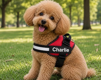 Puede incluir: Un perro pequeño de pelaje rizado marrón lleva un arnés rojo y negro. El arnés cuenta con una franja blanca reflectante y un parche rectangular negro con el nombre Charlie impreso en letras mayúsculas blancas en la correa del pecho.