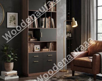 Wooden 73 Inch Walnut Bookcase, Storage Cabinet with Drawers and Doors