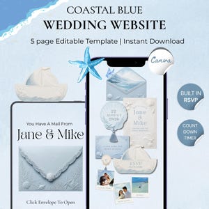May include: A coastal blue wedding website template featuring a 5-page editable design. The display shows a sailboat, starfish, and envelope graphics with text reading Jane & Mike, 22 August 2026, RSVP, and Built In RSVP and Count Down Timer labels.