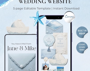 Coastal Blue & Ivory Beach Wedding Website Template with RSVP: Editable Canva Design (Digital Download)