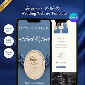 May include: A mobile phone displays a wedding website template with a pastel blue theme. The screen shows a love letter design with the names "michael & jane" and a rose emblem. The template includes RSVP and color change options.
