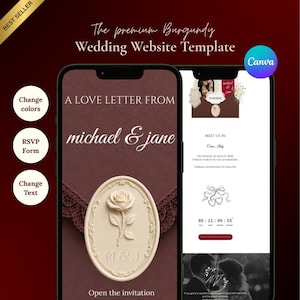 Puede incluir: Una plantilla de sitio web de bodas burdeos que se muestra en dos teléfonos inteligentes. La plantilla presenta el texto "A LOVE LETTER FROM michael & jane" y un diseño de rosa. El texto adicional incluye "Open the invitation" y "Meet us in".