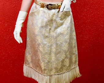 1950s Western Skirt Fringed Gold Brocade Leather Trim