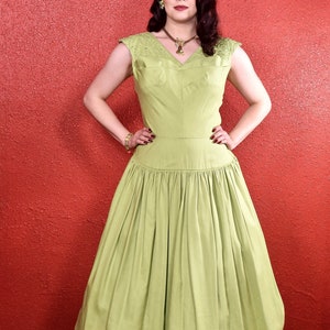 1950s Lime Green Cotton Full Skirt Dress Soutache Panel image 1