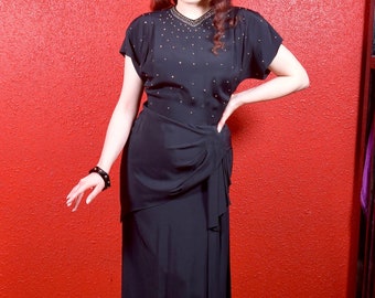 1940s Studded Black Crepe Draped Dress
