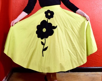 1950s Circle Skirt Felt Flower on Chartreuse Cotton