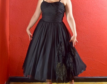 1950s Black Chiffon Fit and Flare Dress with Ostrich Feathers