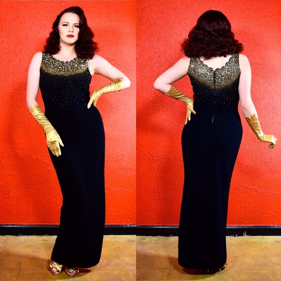 1950s 60s Gold Beaded Knit Dress Gene Shelly Style