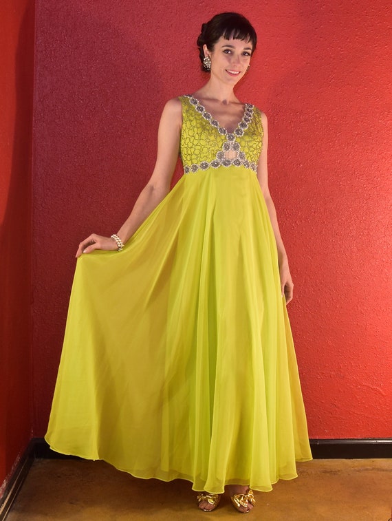 1960s Chartreuse Chiffon & Beads Gown - image 1