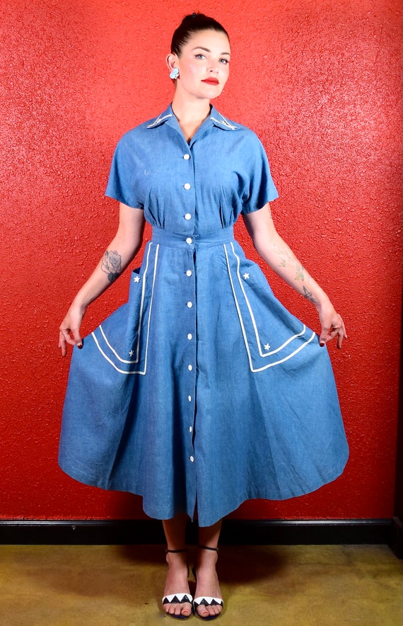 1940s Nautical Dress Chambray Blue with Stars - image 1