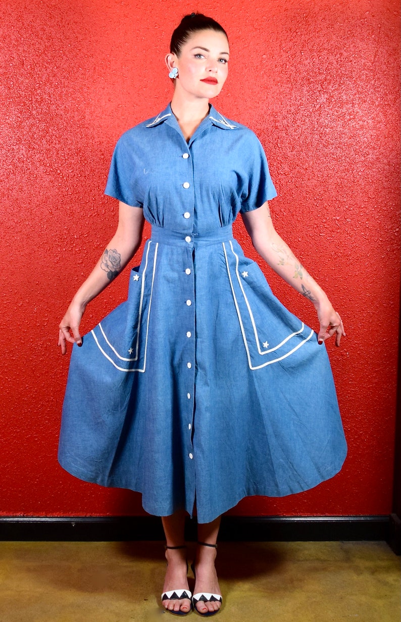 1940s Nautical Dress Chambray Blue with Stars image 1