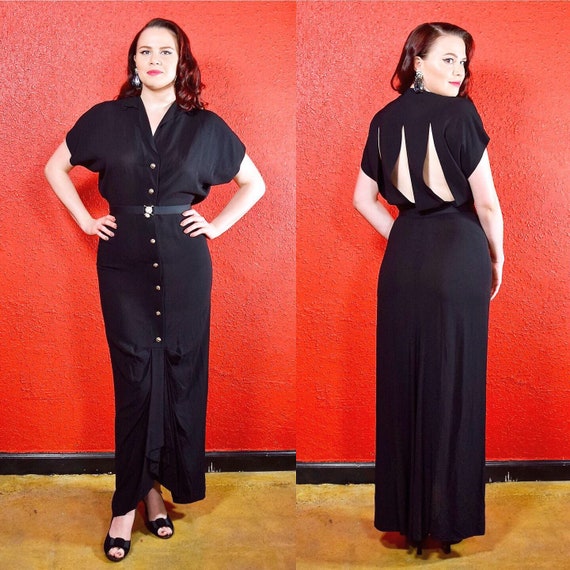1930s 40s Black Crepe Dress Cage Back Button Front