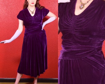 1930s Purple Silk Velvet Draped Dress
