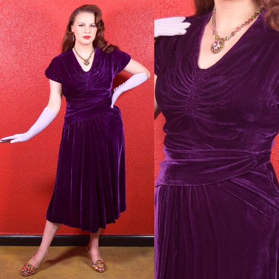 1930s Purple Silk Velvet Draped Dress - image 1